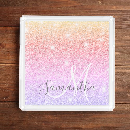 Modern Colorful Glitter Sparkles Personalized Name Acrylic Tray