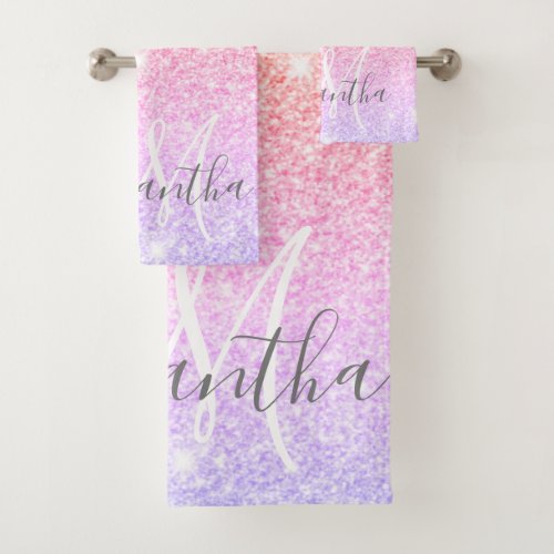 Modern Colorful Glitter Sparkles Personalized Name Bath Towel Set