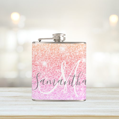 Modern Colorful Glitter Sparkles Personalized Name Flask