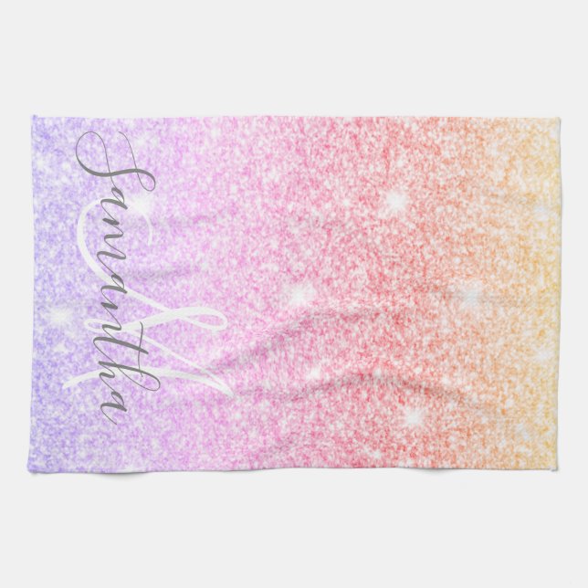 Modern Colorful Glitter Sparkles Personalized Name Kitchen Towel (Horizontal)