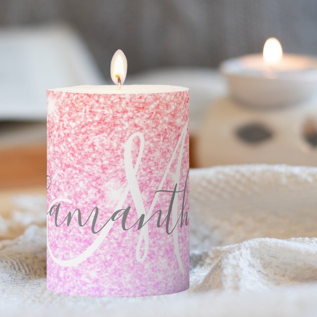 Modern Colorful Glitter Sparkles Personalized Name Pillar Candle (Creator Uploaded)