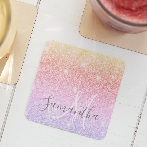 Modern Colorful Glitter Sparkles Personalized Name Square Paper Coaster
