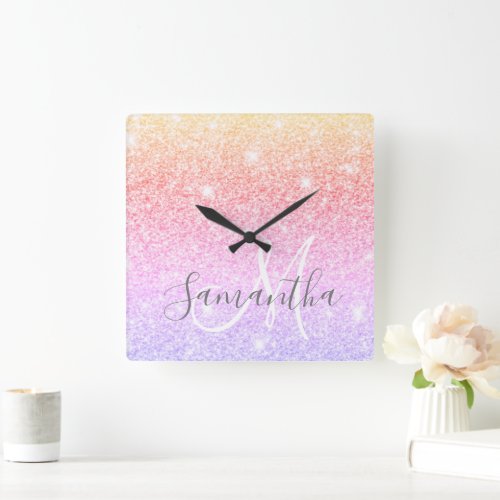 Modern Colorful Glitter Sparkles Personalized Name Square Wall Clock