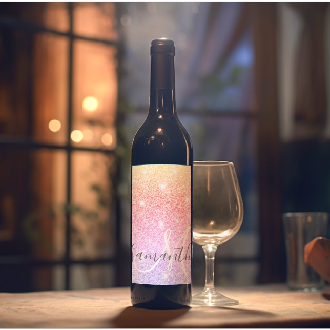 Modern Colorful Glitter Sparkles Personalized Name Wine Label (Creator Uploaded)