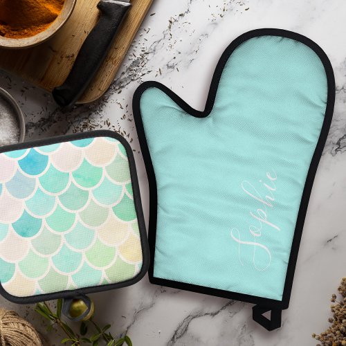 Modern Colorful Green Mermaid Seamless Pattern Oven Mitt  Pot Holder Set