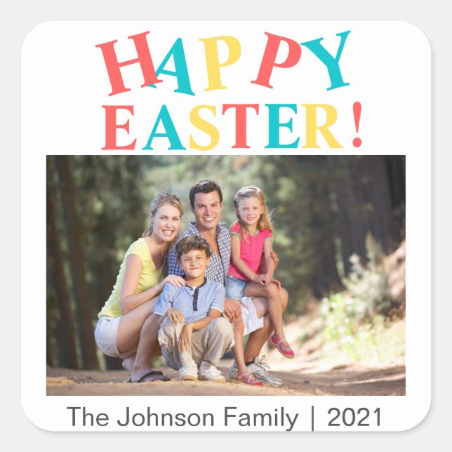 Modern Colorful Happy Easter Photo Personalized Square Sticker (Front)