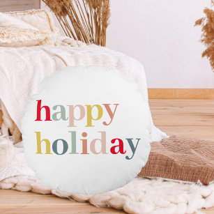 Modern Colorful Happy Holiday Round Pillow
