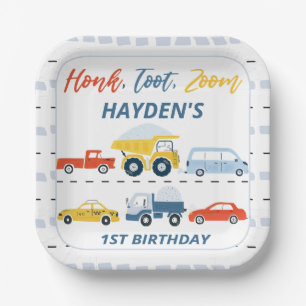 Modern Colorful Honk Toot Zoom Transport Birthday Paper Plates