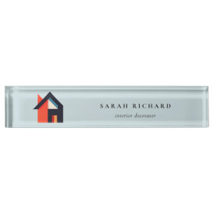 Modern Colorful House Logo Realtor Blue Red Orange Desk Name Plate
