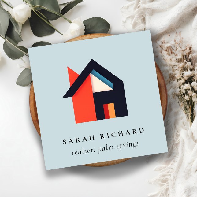 Modern Colorful House Logo Realtor Blue Red Orange Square Business Card (Creator Uploaded)