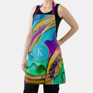 Modern Colorful Jewel Abstract & Gold Monogram Apron