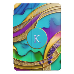 Modern Colorful Jewel Abstract & Gold Monogram iPad Pro Cover