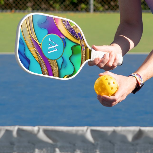 Modern Colorful Jewel Abstract & Gold Monogram Pickleball Paddle (Insitu)
