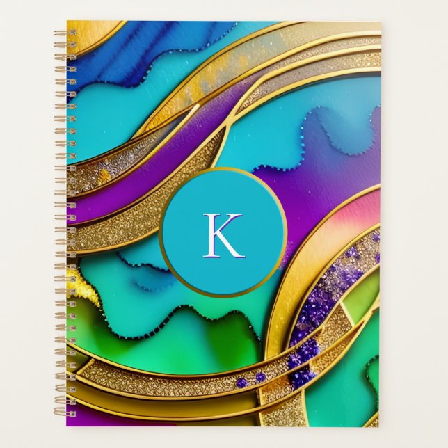 Modern Colorful Jewel Abstract & Gold Monogram Planner (Front)