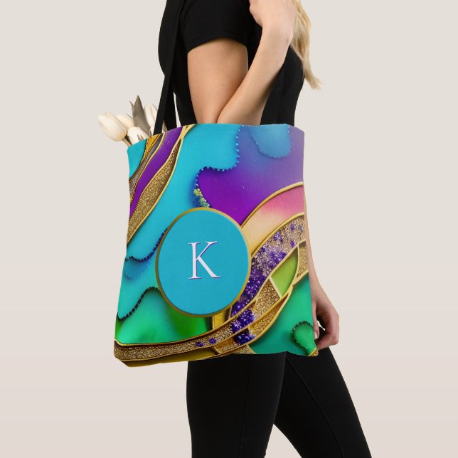 Modern Colorful Jewel Abstract & Gold Monogram Tote Bag (Close Up)
