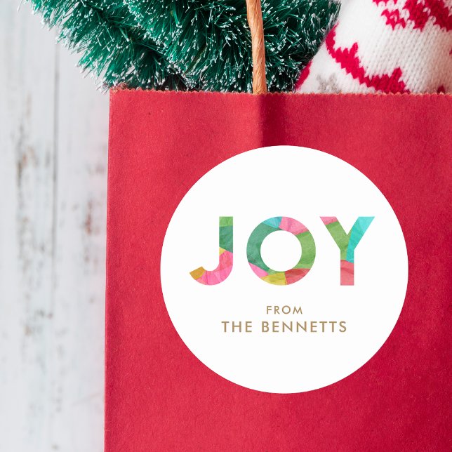 Modern Colorful JOY Personalized Christmas Classic Round Sticker (Creator Uploaded)