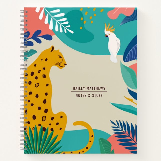Modern Colorful Jungle Leopard Name Notebook (Front)