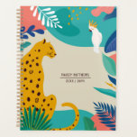 Modern Colorful Jungle Leopard Name Planner<br><div class="desc">This modern, stylish planner notebook features a hand drawn leopard and bird ( cockatiel ), along with jungle leaves and random, artistic shapes. The back of the book contains a coordinating pattern of tropical leaves. The color scheme consists of light tan, aqua / teal, blue, coral, white, green, pink, and...</div>