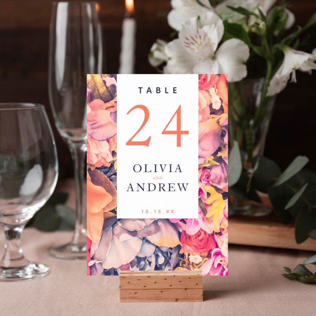 Modern Colorful Large Floral Background Wedding Table Number (All over floral watercolor design on this table number card is perfect for your wedding reception.)