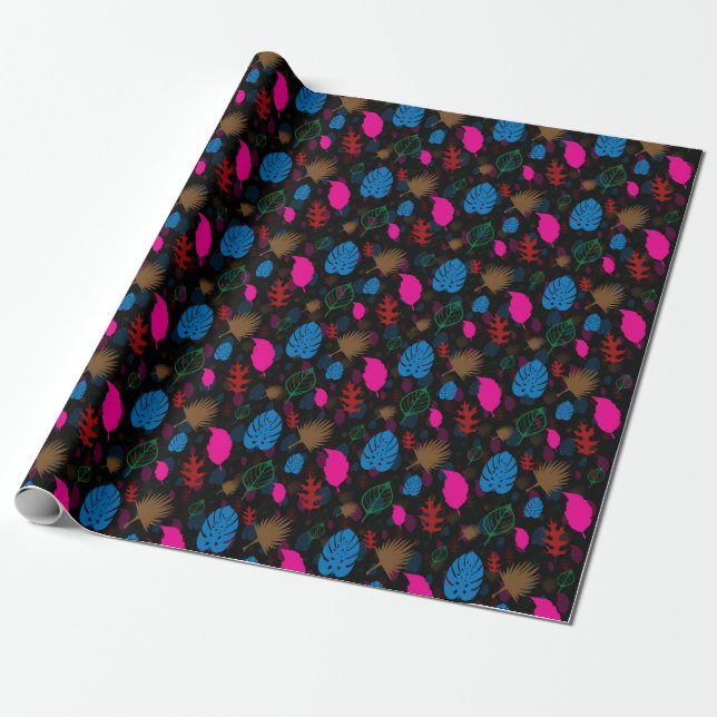 Modern Colorful Leaf Abstract Pattern Black Wrapping Paper (Unrolled)
