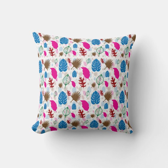 Modern Colorful Leaf Abstract Pattern White Throw Pillow (Front)