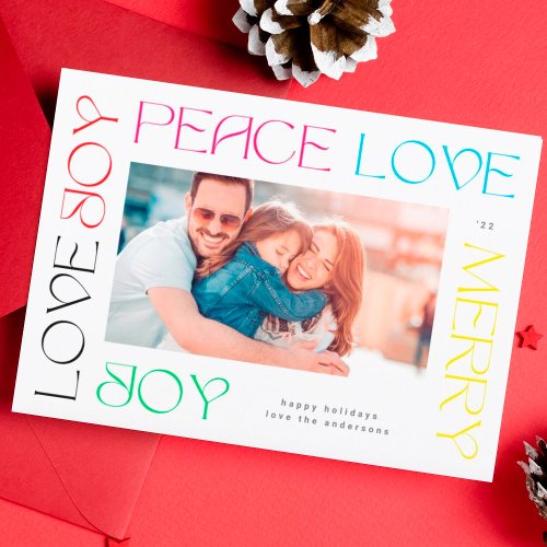 Modern Colorful Letters MERRY JOY PEACE LOVE photo Holiday Card