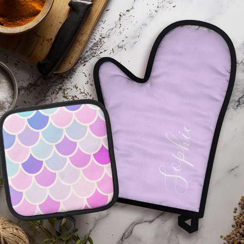 Modern Colorful Lovely Mermaid Seamless Pattern Oven Mitt  Pot Holder Set