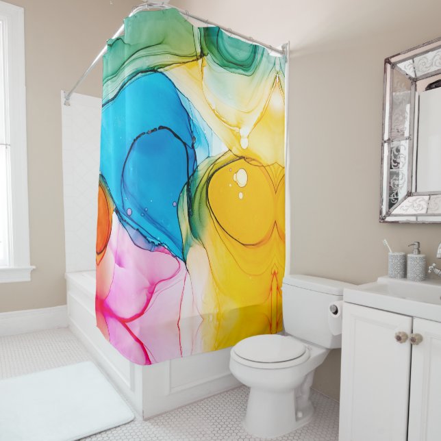 Modern Colorful Marbled Alcohol Ink Abstract Art Shower Curtain (In Situ)