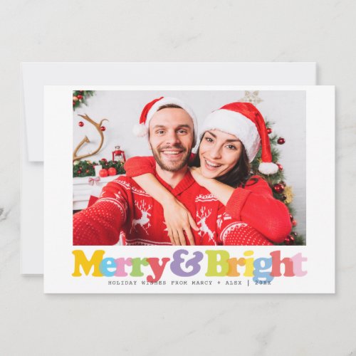 Modern Colorful Merry And Bright Couples Photo  Holiday Card