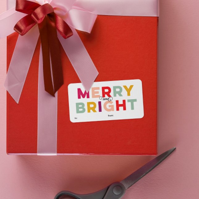 Modern Colorful Merry and Bright Gift Label (merry and bright gift tag labels in pink, yellow, purple, aqua and red on white)
