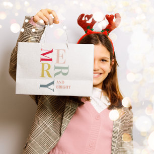 Modern Colorful Merry and Bright   Happy Holidays Large Gift Bag