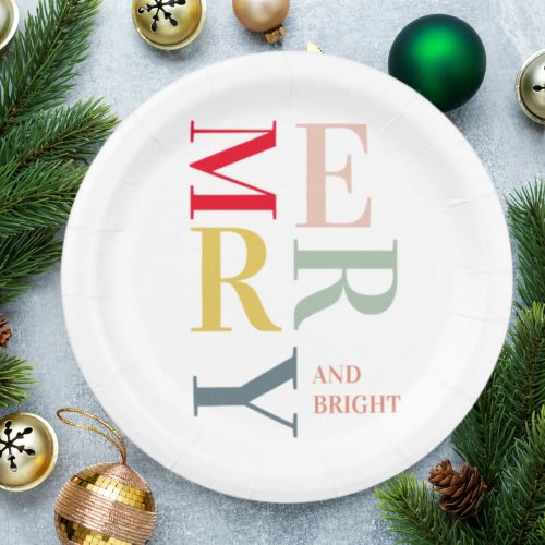 Modern Colorful Merry and Bright  Happy Holidays Paper Plates