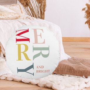 Modern Colorful Merry and Bright   Happy Holidays Round Pillow
