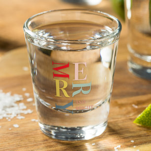 Modern Colorful Merry and Bright Happy Holidays Shot Glass