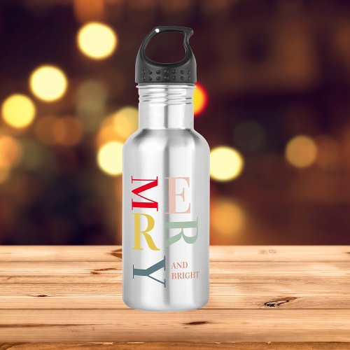Modern Colorful Merry and Bright  Happy Holidays Stainless Steel Water Bottle