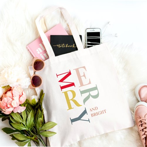 Modern Colorful Merry and Bright  Happy Holidays Tote Bag