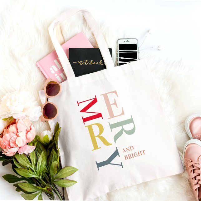 Modern Colorful Merry and Bright | Happy Holidays Tote Bag (Creator Uploaded)