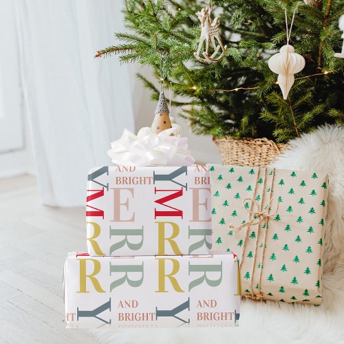 Modern Colorful Merry and Bright  Happy Holidays Wrapping Paper
