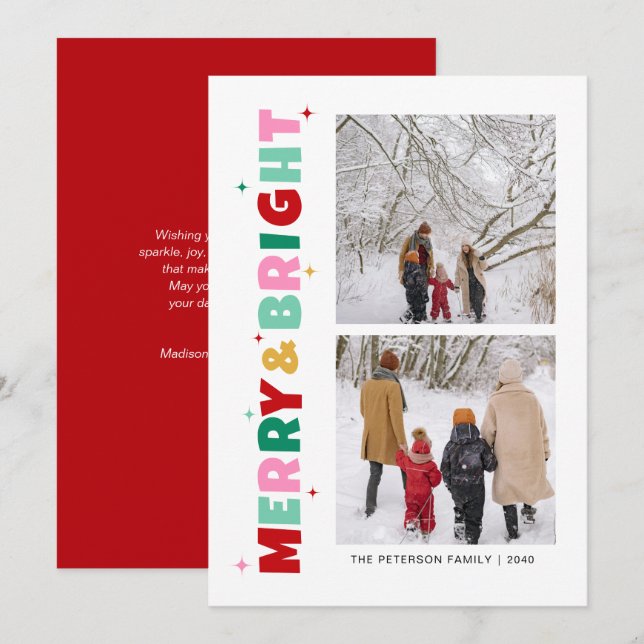 Modern Colorful Merry & Bright 2 Photo Holiday Card (Front/Back)