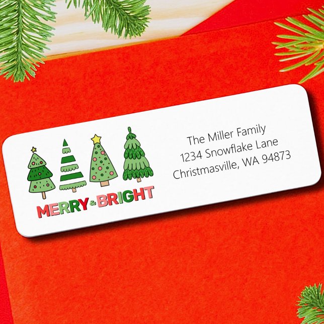 Modern Colorful Merry Bright Christmas Address Label (Modern Bold Trees Colorful Merry Bright Christmas label)