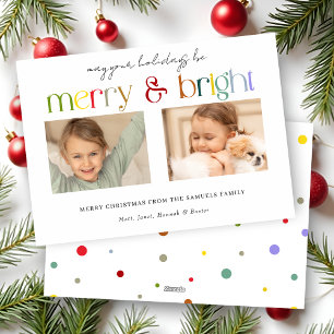 Modern Colorful Merry & Bright Typography 2-Photo Holiday Card
