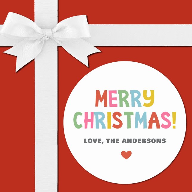 Modern Colorful Merry Christmas Classic Round Sticker ( colorful merry Christmas sticker with colorful typography. So fun for decorating your xmas gifts.)