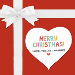 Modern Colorful Merry Christmas Heart Sticker<br><div class="desc">A colorful,  fun and festive Christmas heart shaped sticker. Personalize it with your name.</div>