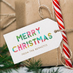 Modern Colorful Merry Christmas Name Gift Tags<br><div class="desc">These fun,  colorful gift tags feature modern typography reading,  "MERRY CHRISTMAS, " designed with overlapping tissue paper in bold colors of red,  green,  golden yellow,  lime,  aqua,  and magenta pink. The back contains a matching pattern of overlapping Christmas trees.</div>