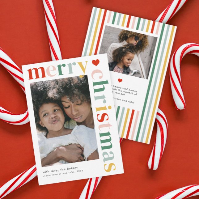 Modern Colorful Merry Christmas Photo Holiday Card (A modern colorful typography 2 photo merry Christmas holiday card.)