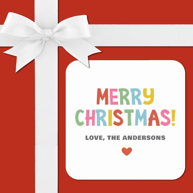 Modern Colorful Merry Christmas Square Sticker (A cute colorful merry Christmas gift sticker)