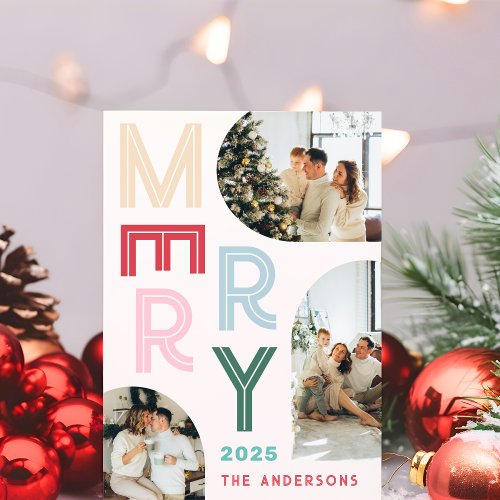 Modern Colorful Merry Typography Three Photo Arch Holiday Card