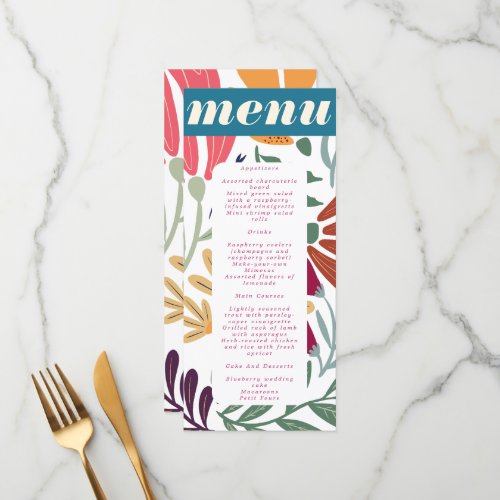 Modern Colorful Mismatch Abstract Floral Wedding Menu
