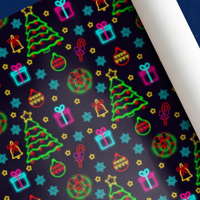 Modern Colorful Neon Lights Christmas  Wrapping Paper (Creator Uploaded)