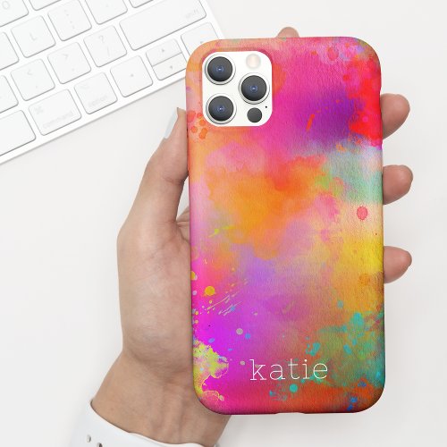 Modern Colorful Painted Watercolor Art w Name iPhone 15 Case